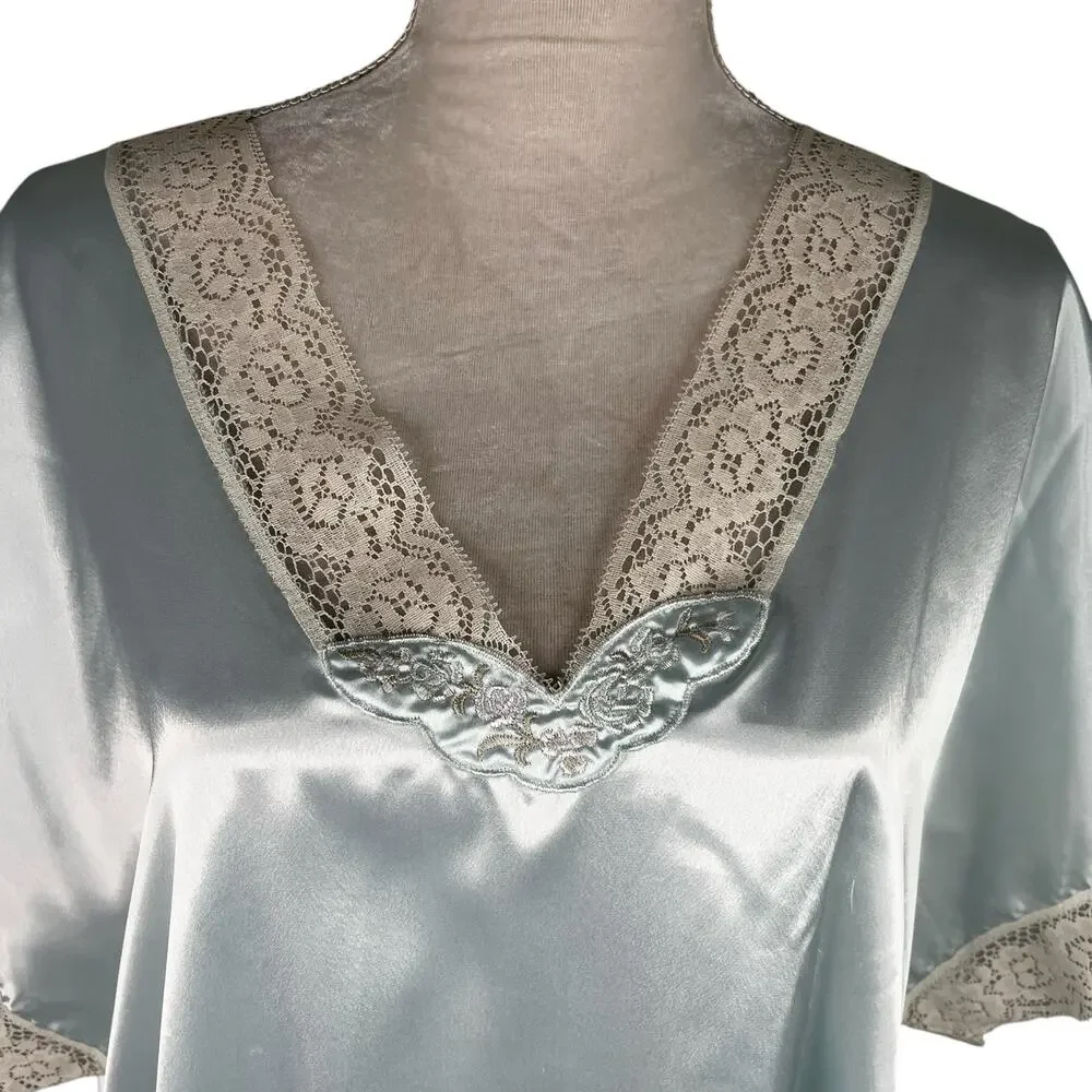 Vintage Val Mode Lingerie Nightgown Large Blue Lace V-Neck